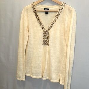 Evie Womens Blouse 100% Linen Knit Beaded Long Sleeve Side Slit Tunic Sweater S